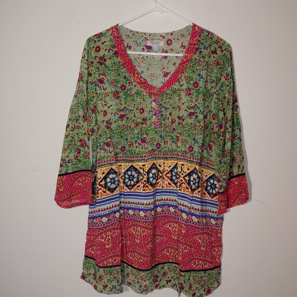 Orientique Naturally Australian Floral Embellished 3/4 Sleeve Tunic Sz L Green